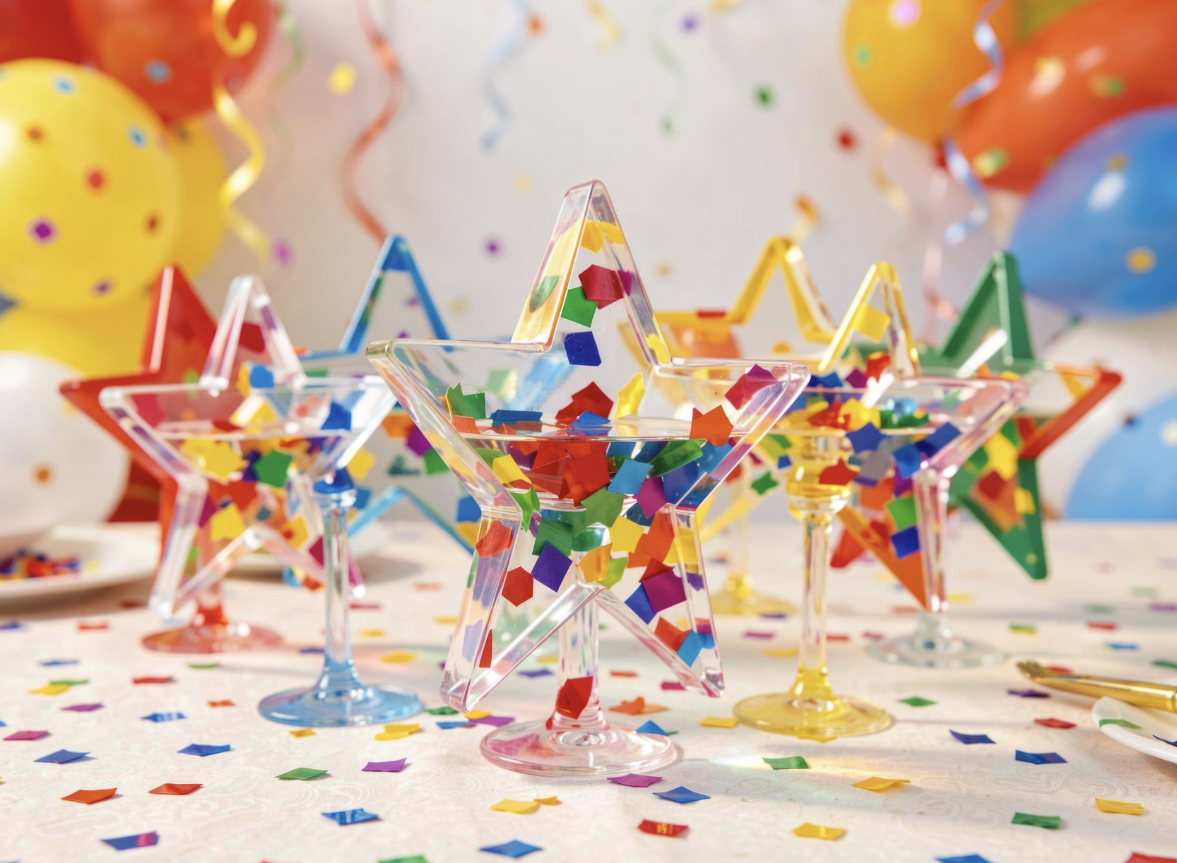 Colorful birthday party decorations and confetti