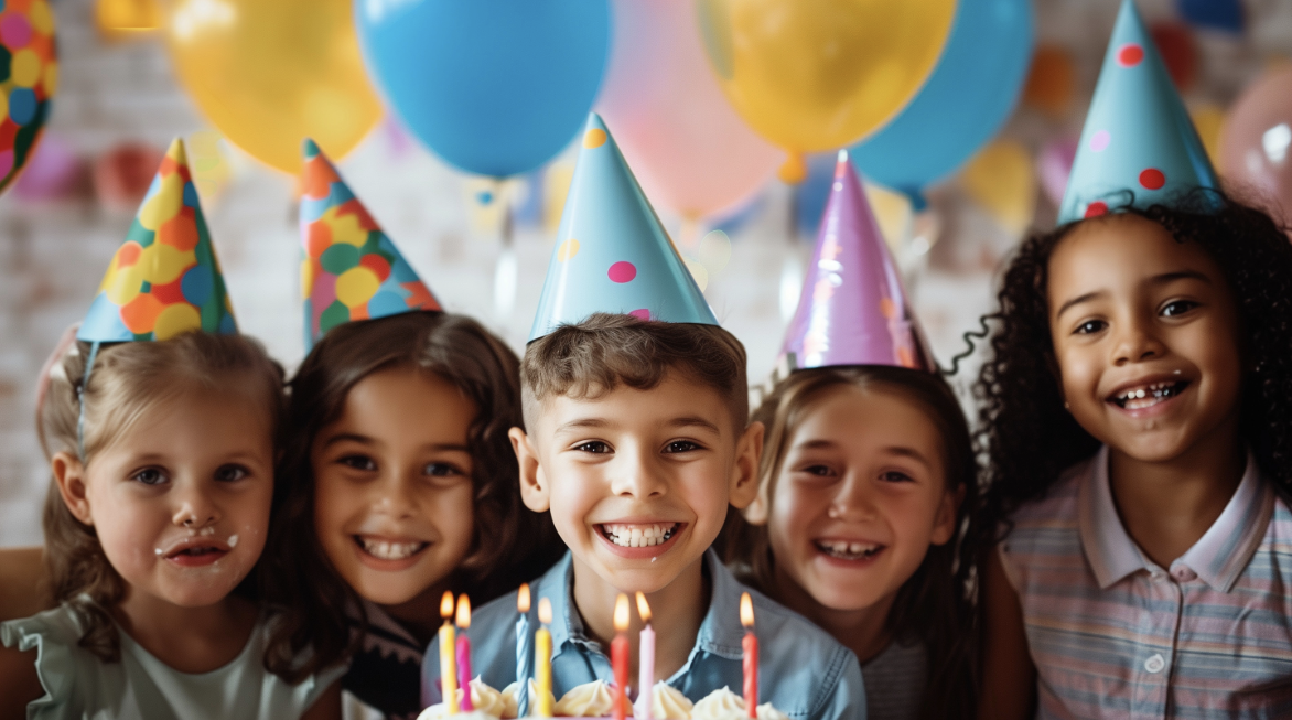 Group of kids in party hats celebrating together